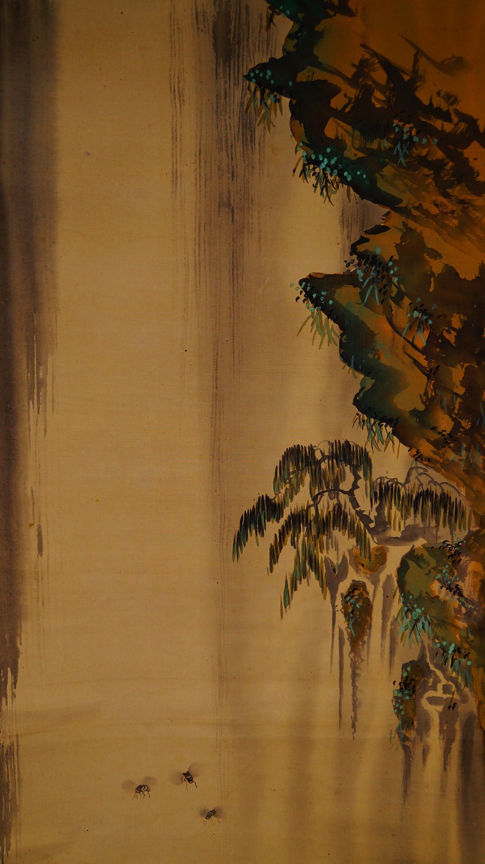 Close-Up of the Rocky Cliff with Willow Tree above the Waterfall, Three Bees in Flight