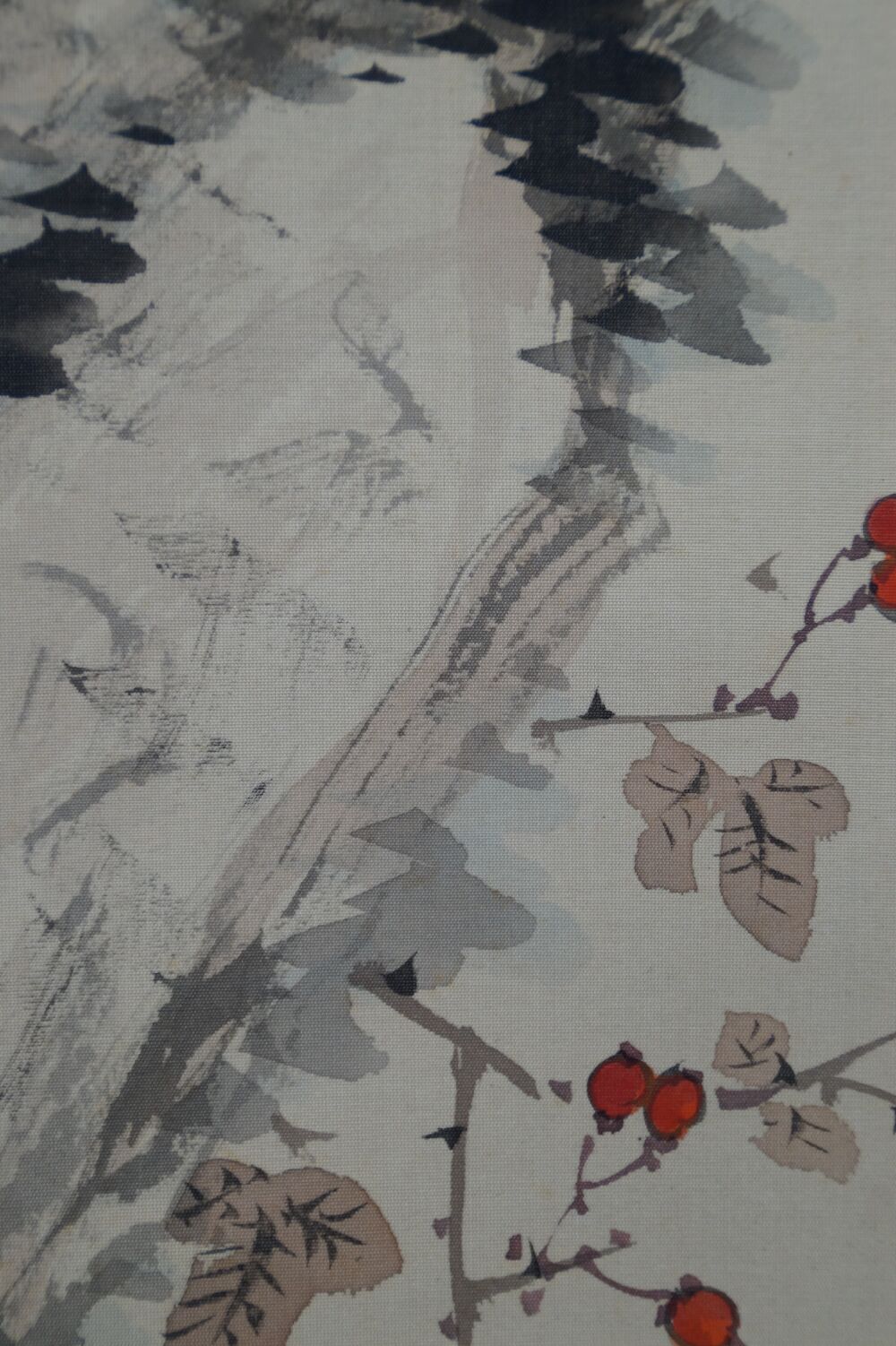 Detail view of the rock with branch and red berries in the Kakemono Autumn Chrysanthemums