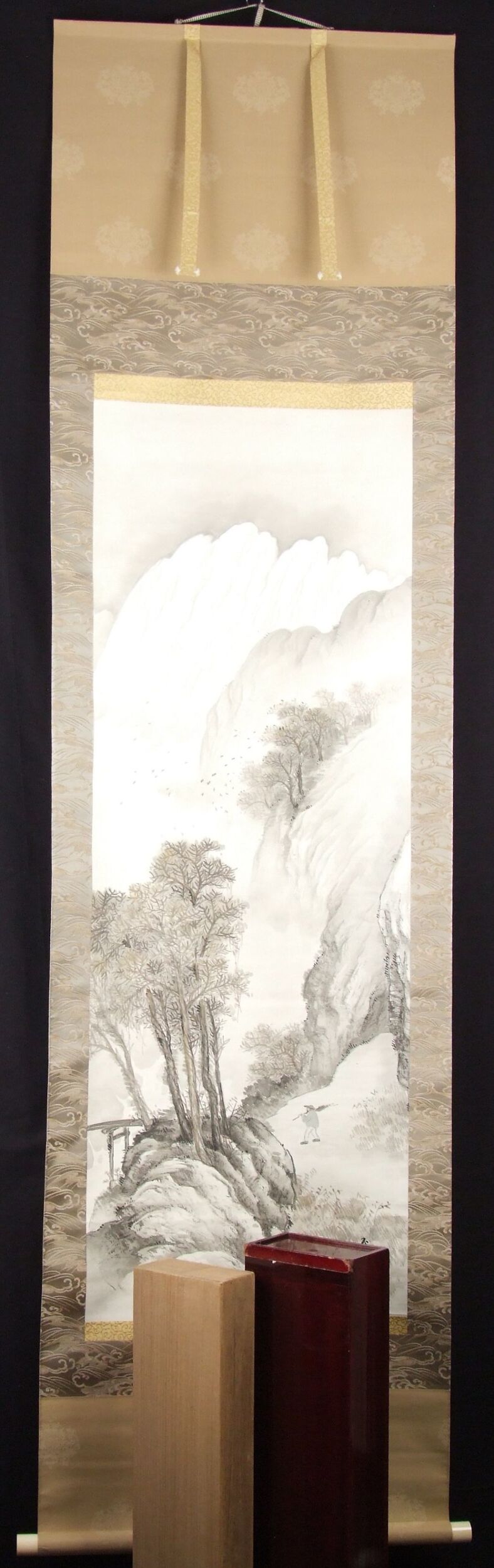 Hanging Scroll Landscape with Traveler by Kawai Gyokudo in Full Framed View