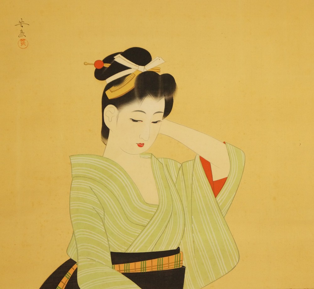 Lady in striped kimono full motif without mounting