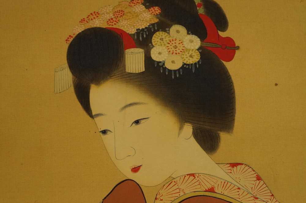 Japanese Hanging Scroll Beauty in Kimono Face Motif Close-Up 2