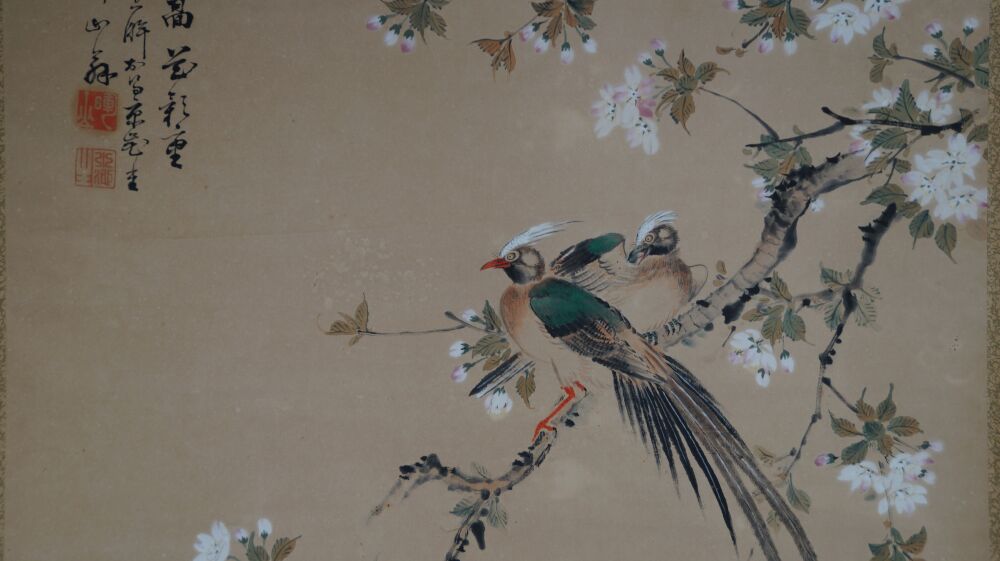 Close-up of the two long-tailed birds on the blossoming branch in the hanging scroll Spring Duet on Blossoming Branch