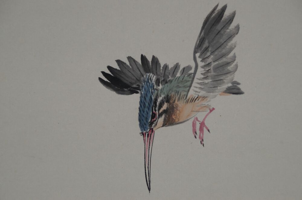 Close-up of the diving kingfisher in the kakemono
