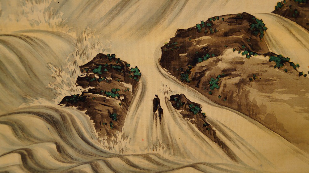 Close-Up of the Foaming Waves and Rocks with a Tiny Traveler Figure in the Kakemono Carp Beneath the Waterfall by Takekawa Tomohiro