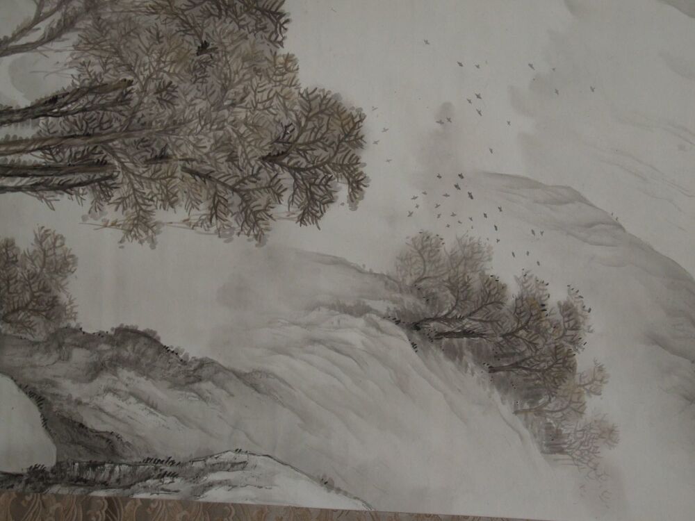 Further detail view of the flock of birds and the trees in the kakemono Landscape with Traveler