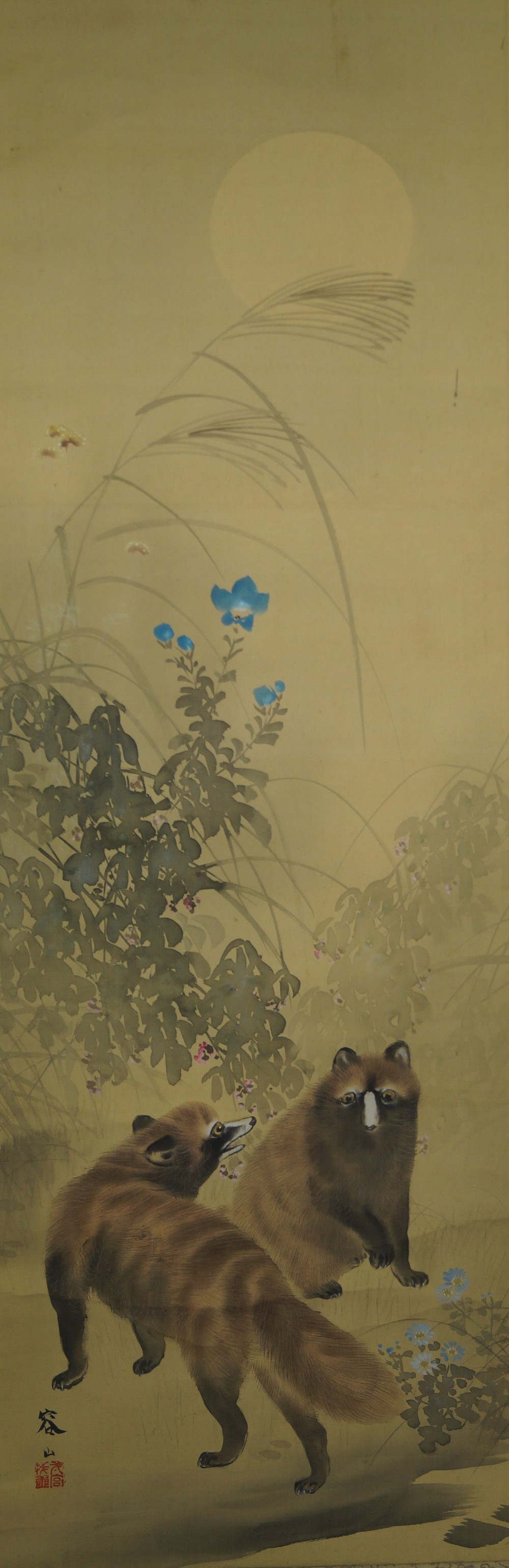 Two Raccoon Dogs and Full Moon Full Motif without Mounting