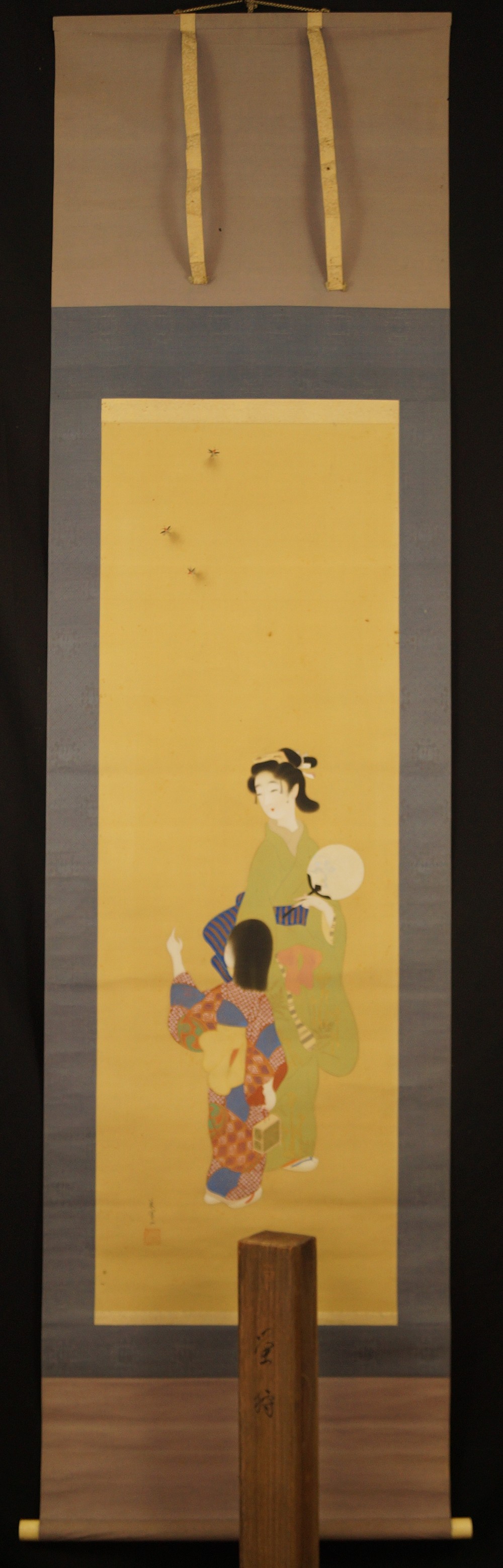 Japanese Hanging Scroll with Mother and Daughter Under Flying Fireflies Full View Hanging Scroll