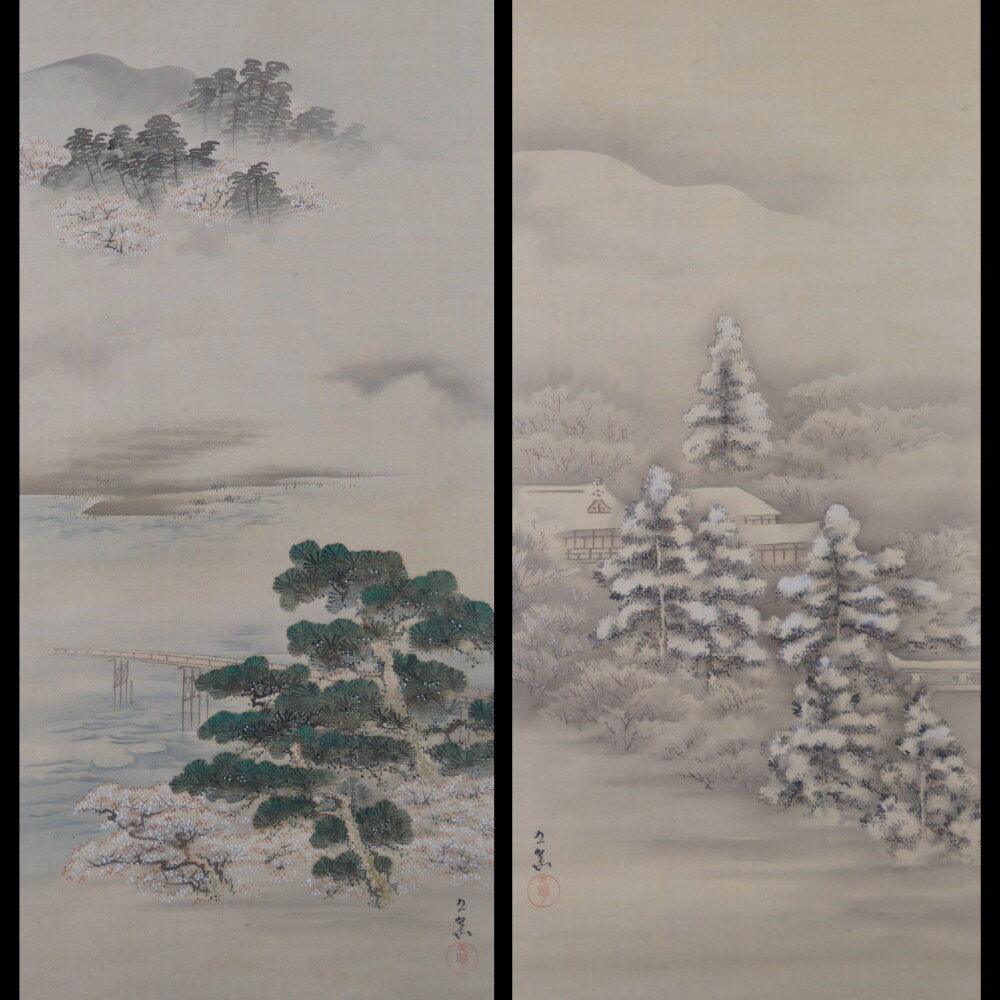 Die zwei Rollbilder Winter und Fruehling von Ikeda Kyuka nebeneinander haengend im 2er Set Kakemono