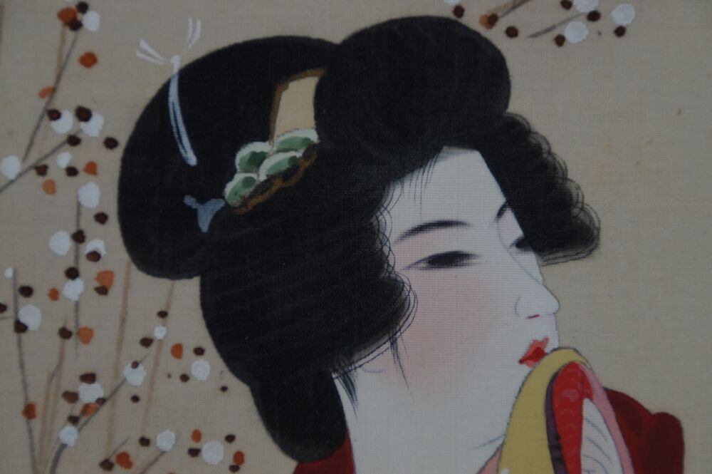 Further close-up of the face of the lady in the Kakemono Lady in Kimono under Blooming Plum Tree