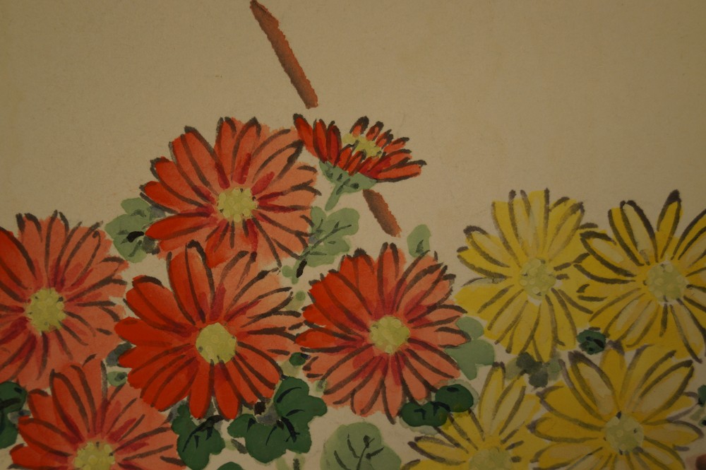Shikishi Spatz und Chrysanthemen Chrysanthemen-Motiv Nahaufnahme 1