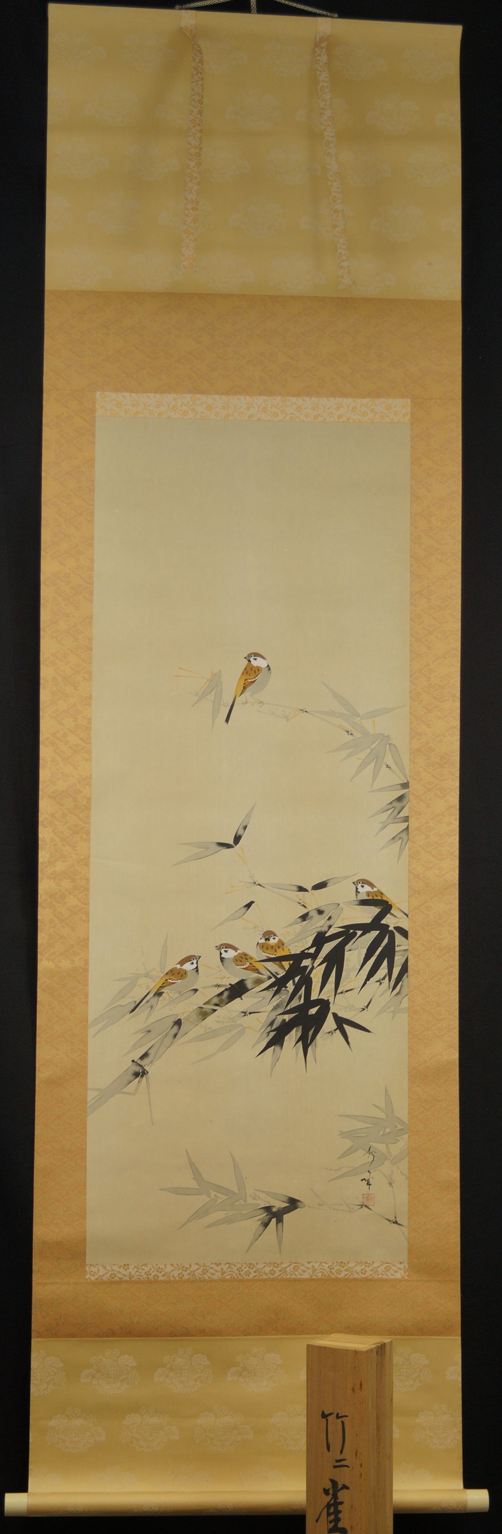 Japanese Hanging Scroll Sparrows on Bamboo Bush Full View