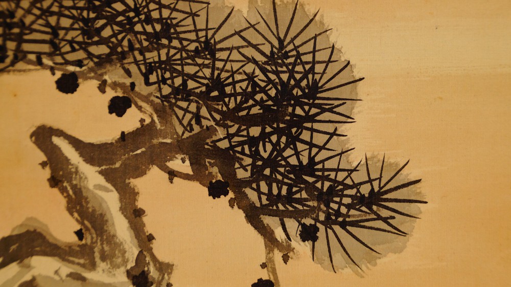 Three Cranes in Evening Light hanging scroll Pine Motif Close-Up 1