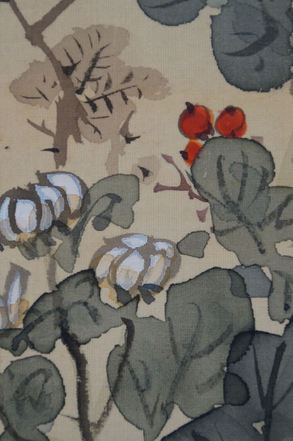 Detail view of the white chrysanthemum blossoms and red berries in the Autumn Chrysanthemums hanging scroll