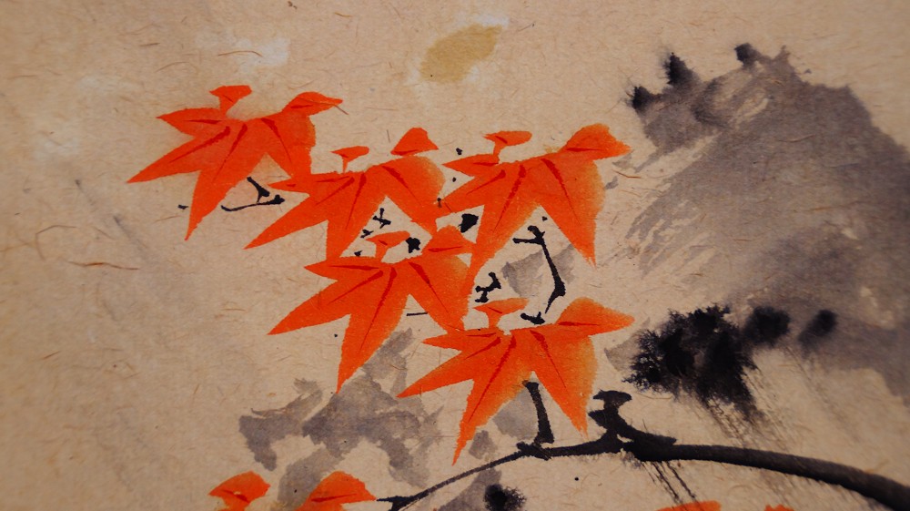 Autumn Flight in Morning Light Hanging Scroll by Manjo Kajo Maple Motif Close-Up 2