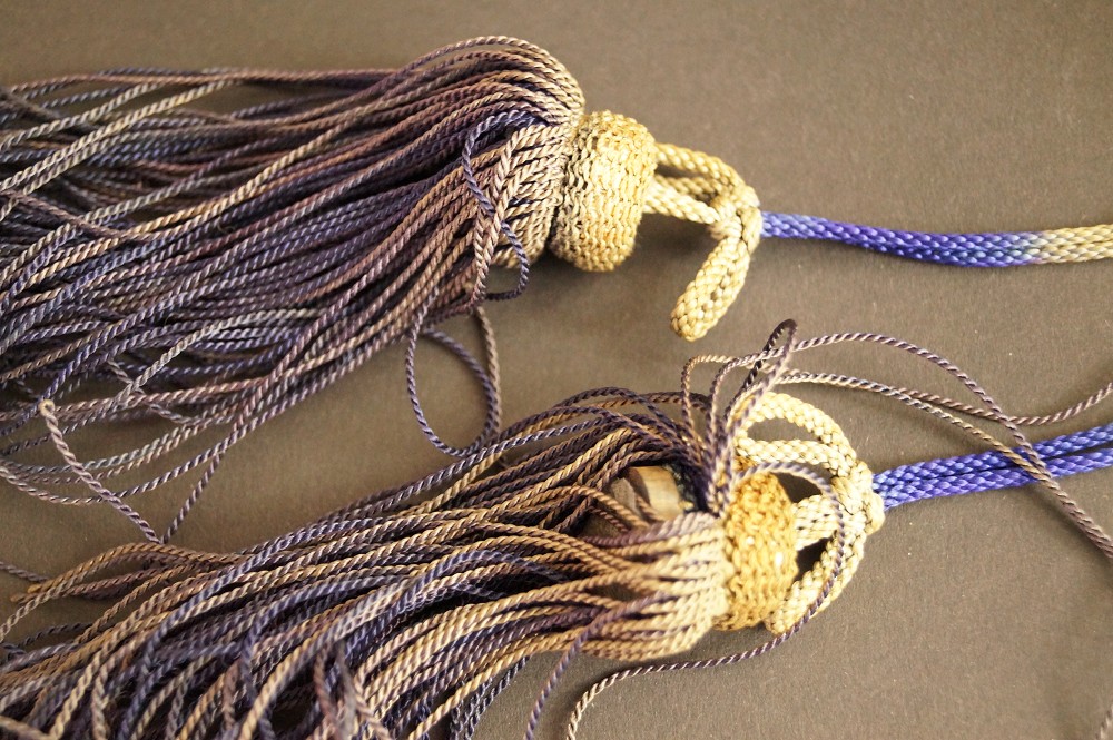 Purple and Gold-Colored Silk Tassels with Blue Cord Tassel Close-Up