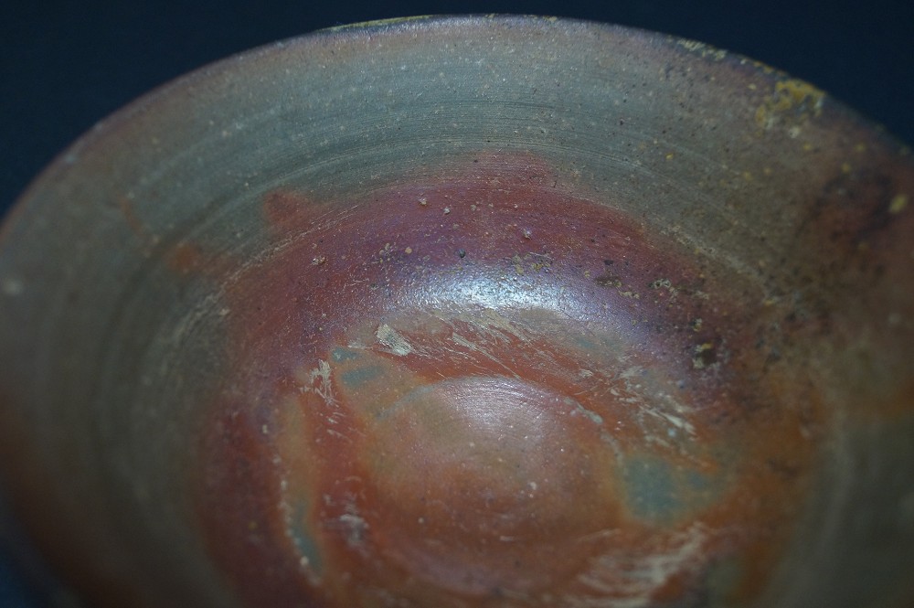 Tea bowl chawan made of Bizen ware interior view close-up detail
