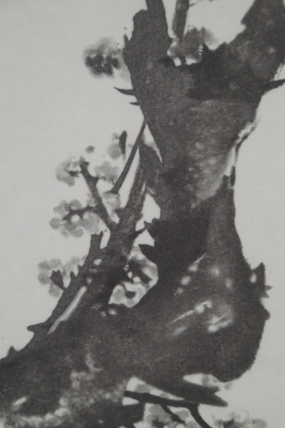Extreme close-up of the gnarled plum tree trunk with blossoming branches in the sparrow scroll of the triptych after Miyamoto Musashi