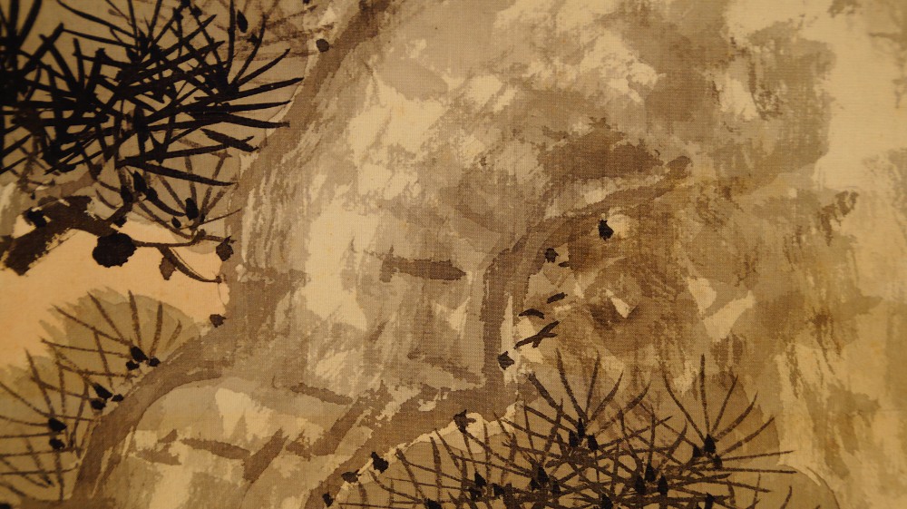Three Cranes in Evening Light Hanging Scroll Rock Motif Close-Up