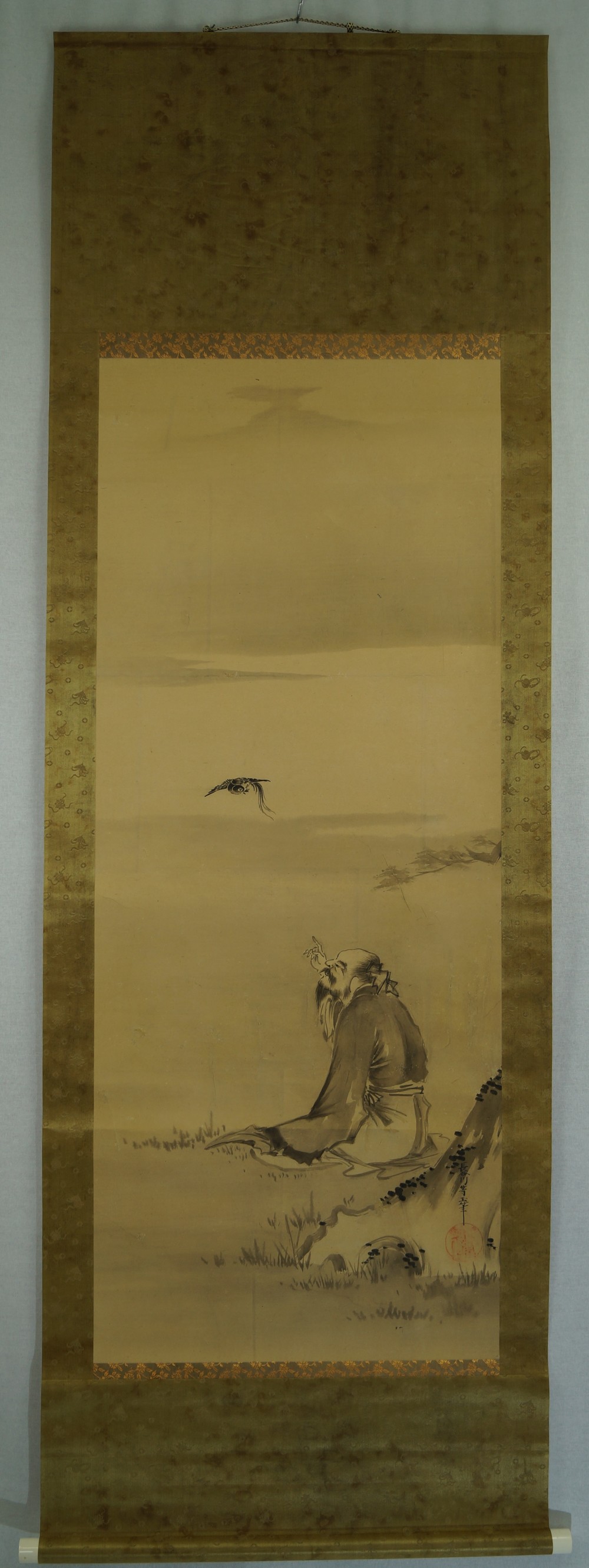 The man and the bird full view hanging scroll