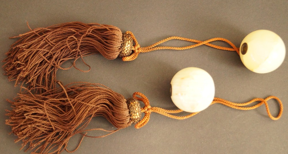 Two Fuchin Ornamental Weights Made of Natural Stone with Cords Set Frontal View 2