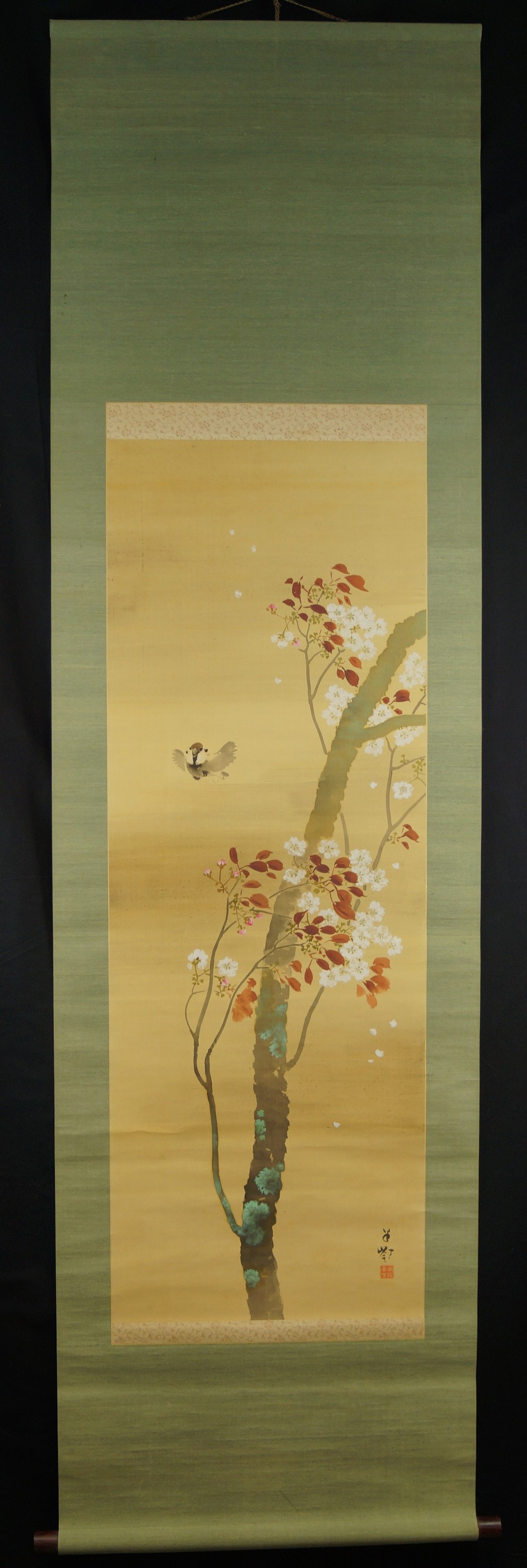 Japanese Hanging Scroll Sparrow and Sakura Full View