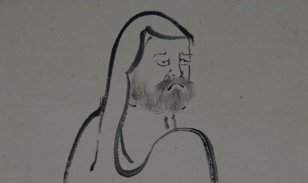 Kakemono von Ueda Gizan: Zen-Malerei des Bodhidharma mit Inschrift in Tusche auf Papier.