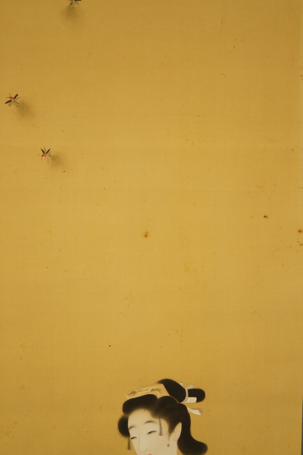 Three Painted Fireflies Over Golden Silk Ground Firefly Motif Close-Up 2