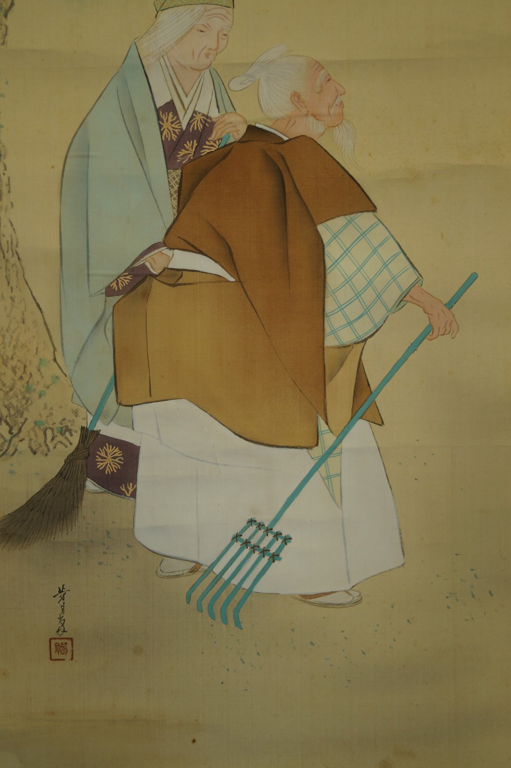 Takasago hanging scroll rake and broom motif close-up