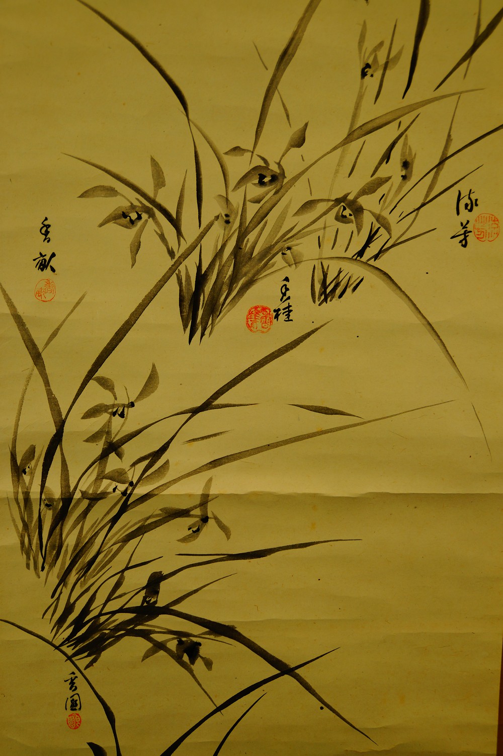 Close-up of the curving grasses and flower buds in ink