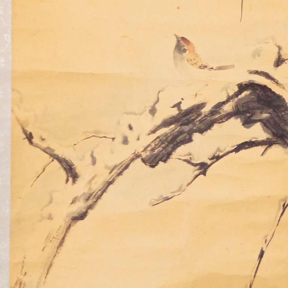 Kleiner Vogel auf verschneitem Pflaumenzweig, Kakemono von Sanso