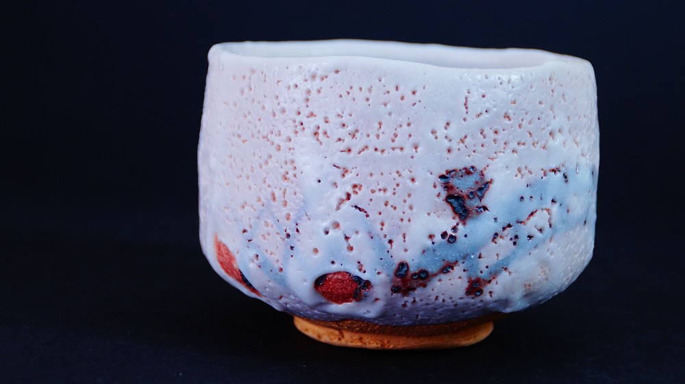 Another Side View of the Chawan Made of Shino Ware by Jyuzo Sato with Clearly Visible Red Fire Marks