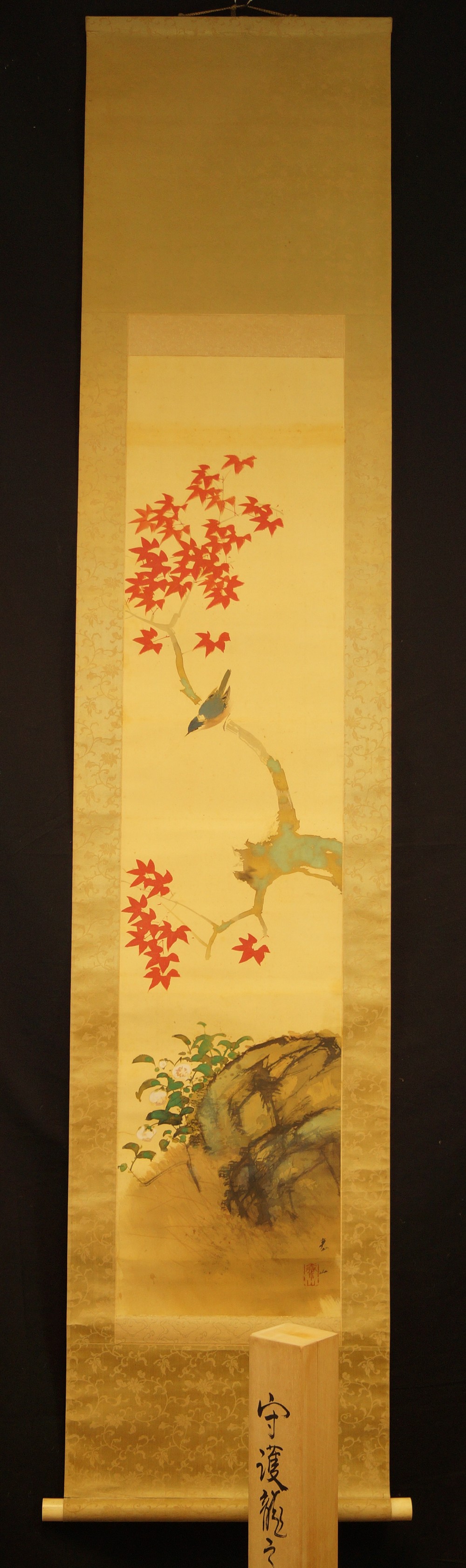 Sparrow on a Maple Branch by Yasuyama Tachiwaki Full View Hanging Scroll