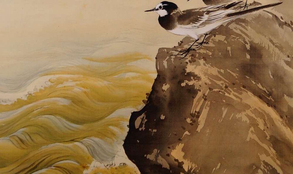Kakemono by Hirose Tōhō: sunrise over the waves, in color on silk.