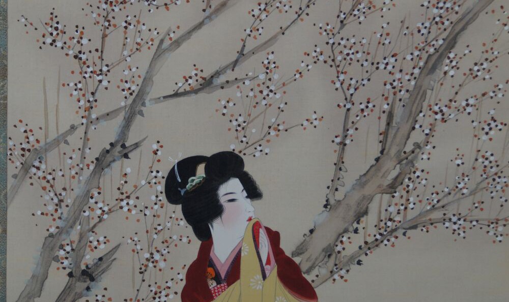 Kakemono by Itō Shinsui: lady in a kimono in front of a plum tree, upper body in detail.