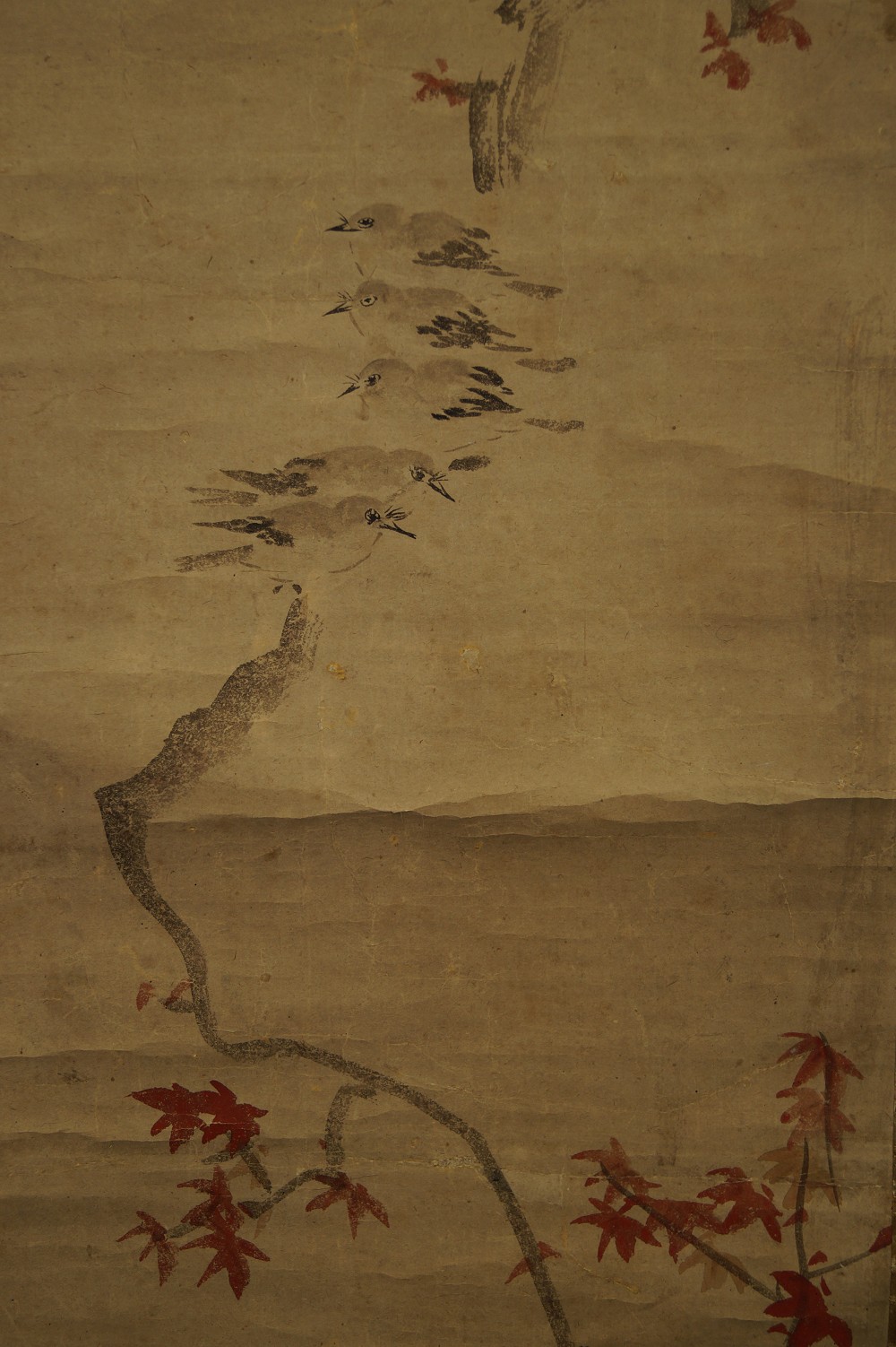 Five Sparrows on a Maple Branch Sparrows Motif Close-Up