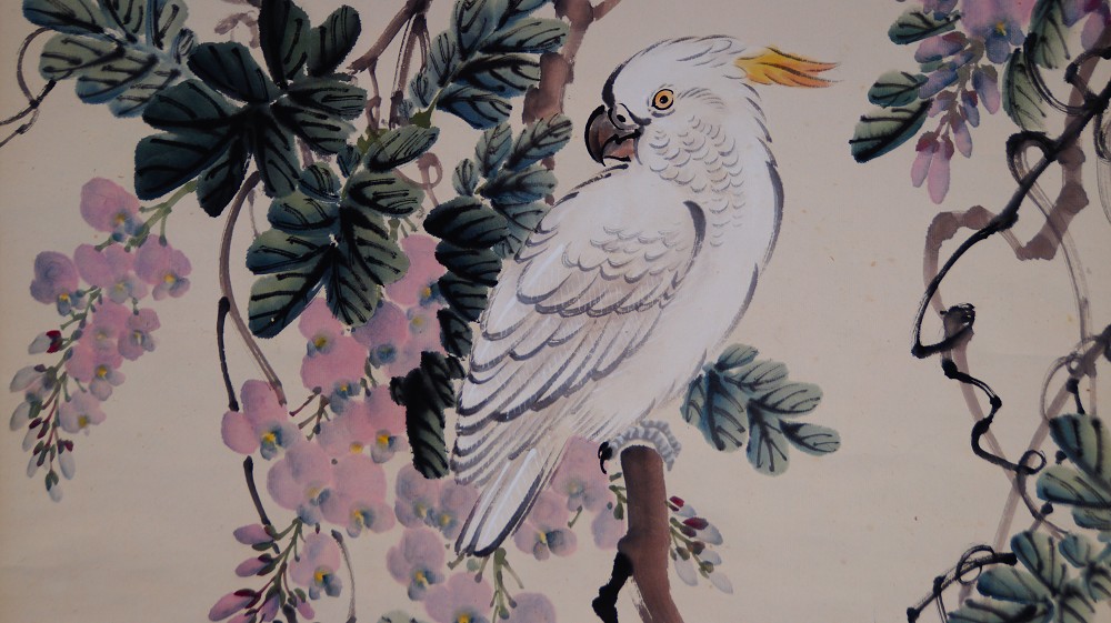 Cockatoo in Blooming Wisteria Kakemono by Cho Ikkyu Cockatoo Motif Close-Up 2