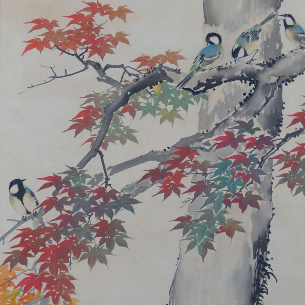 Additional close-up of three birds on a branch among maple leaves in the hanging scroll Birds in Autumn Maple
