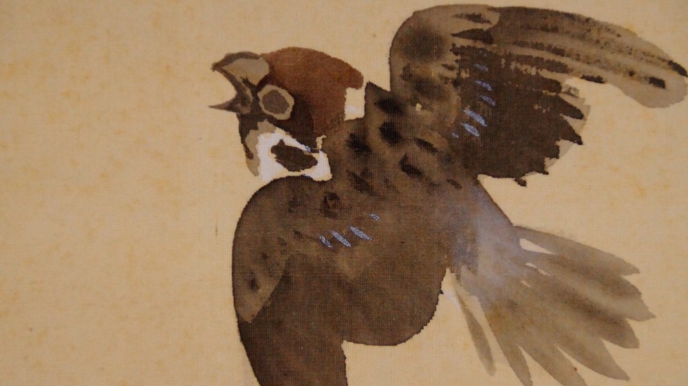 Sparrows over Chrysanthemums Hanging Scroll by Fukui Kotei Sparrow Motif Close-Up 2