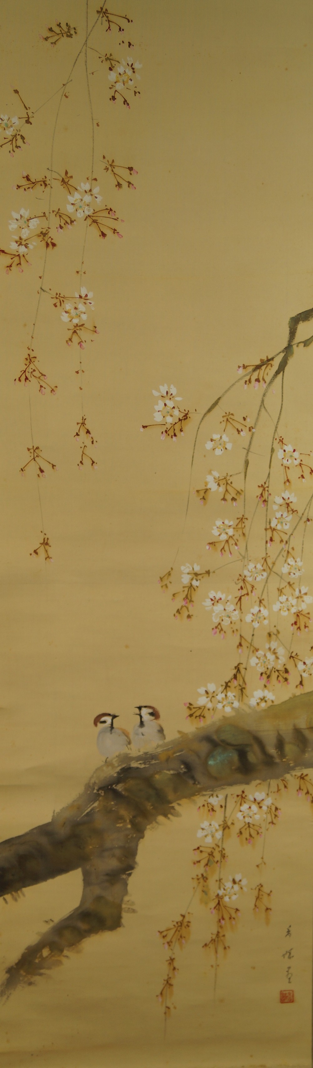 Two Sparrows on a Sakura Branch Full Motif Without Mounting