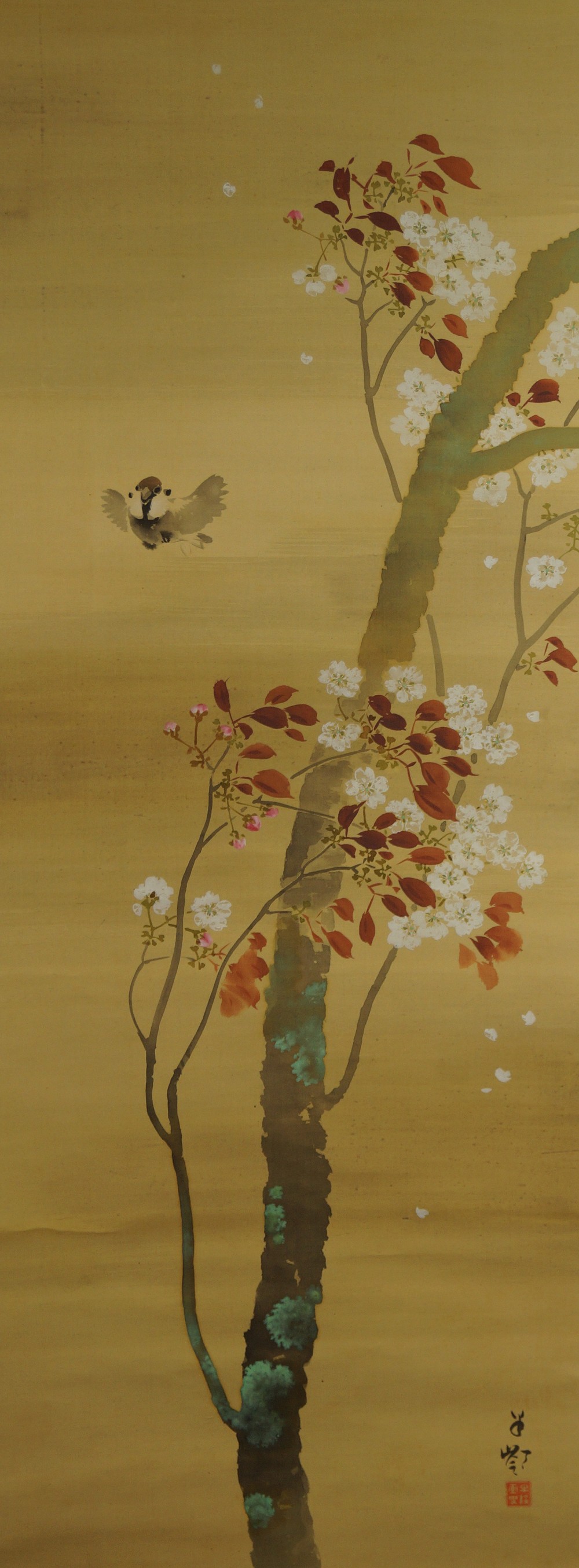 Japanese Hanging Scroll Sparrow and Sakura Full Motif Without Mounting