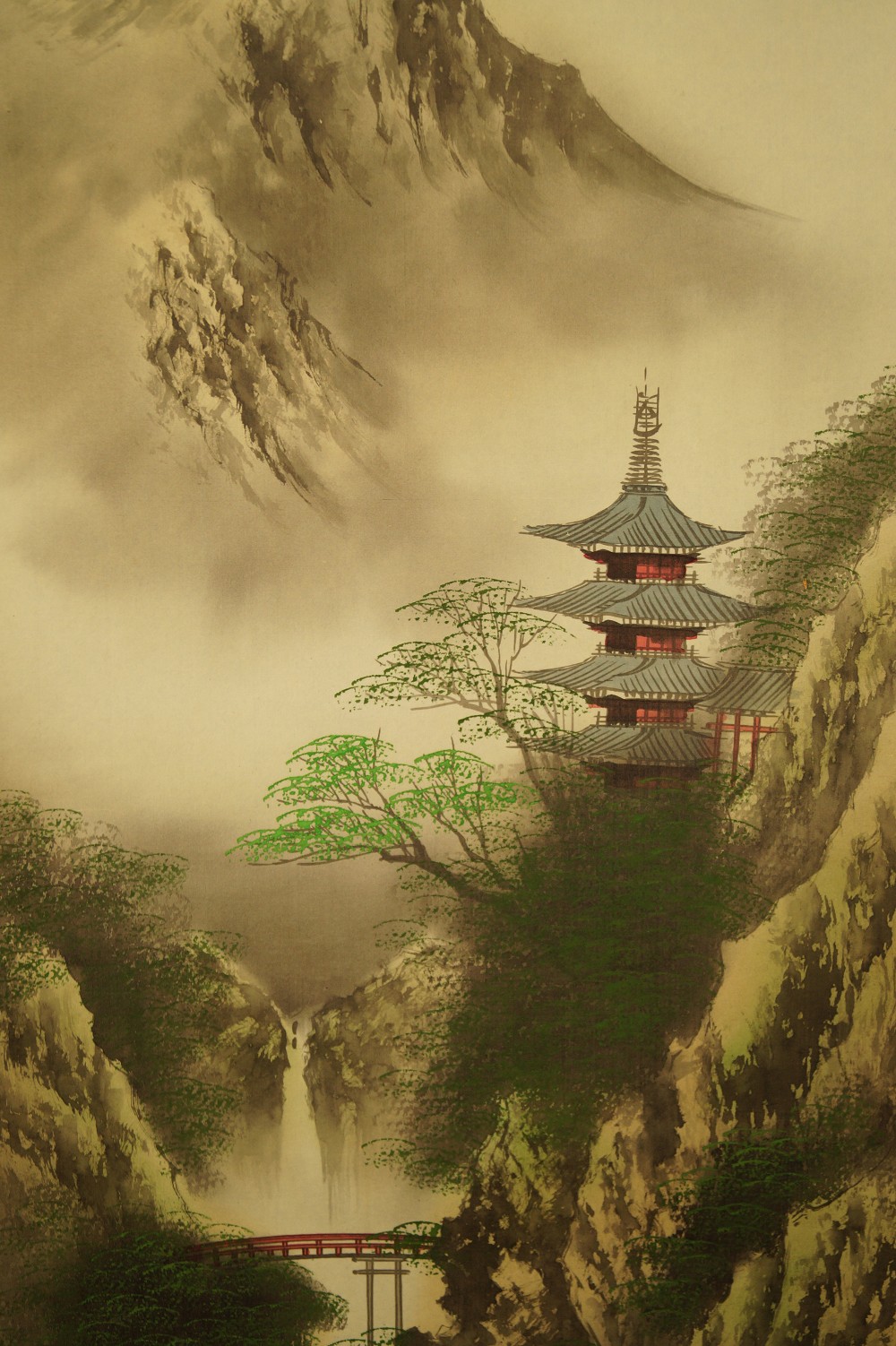 Landschafts Kakemono Pagode Motiv Nahaufnahme 1