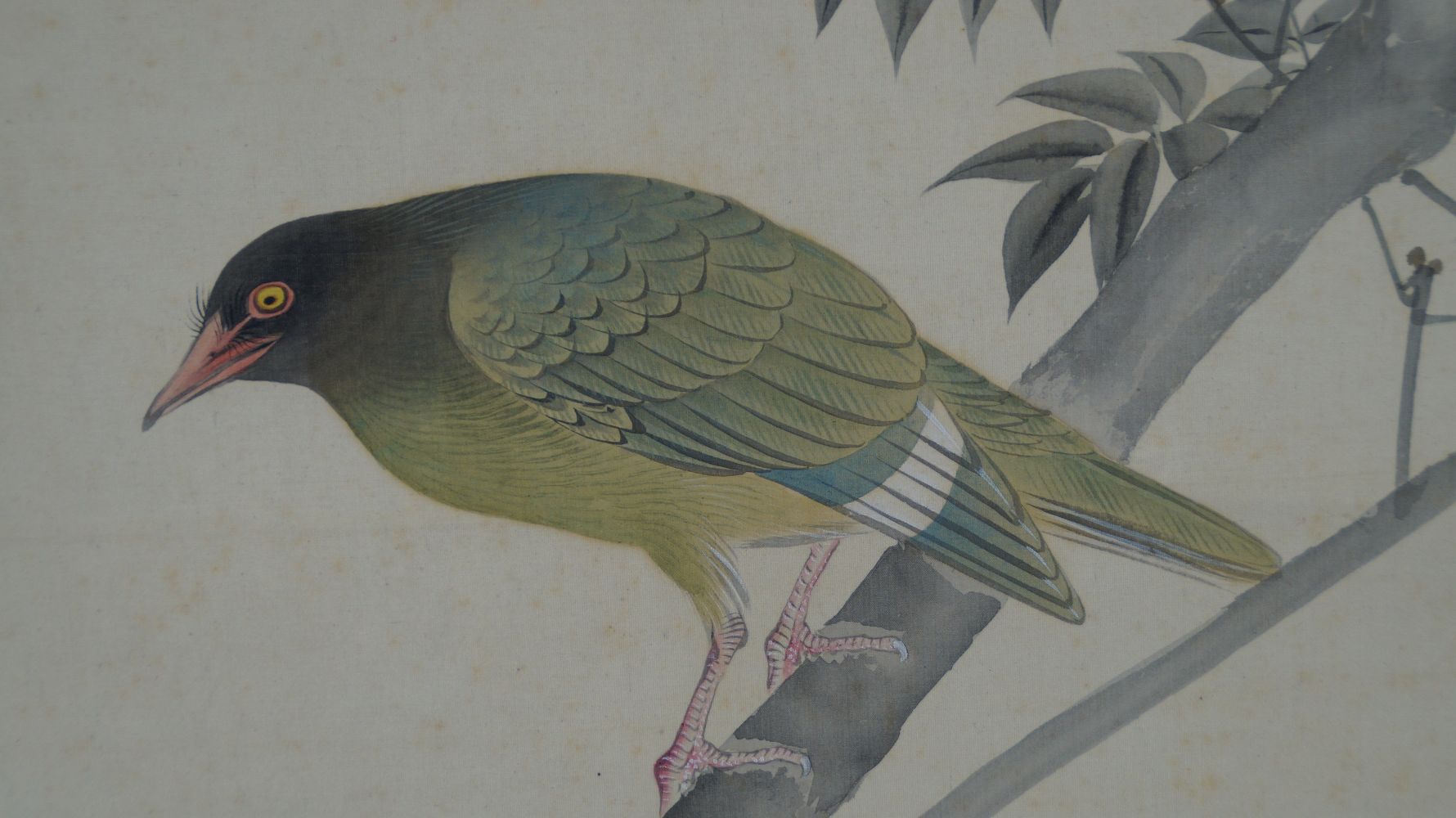Extreme close-up of the bird's head with a yellow eye in the hanging scroll Bird on Fruit Tree