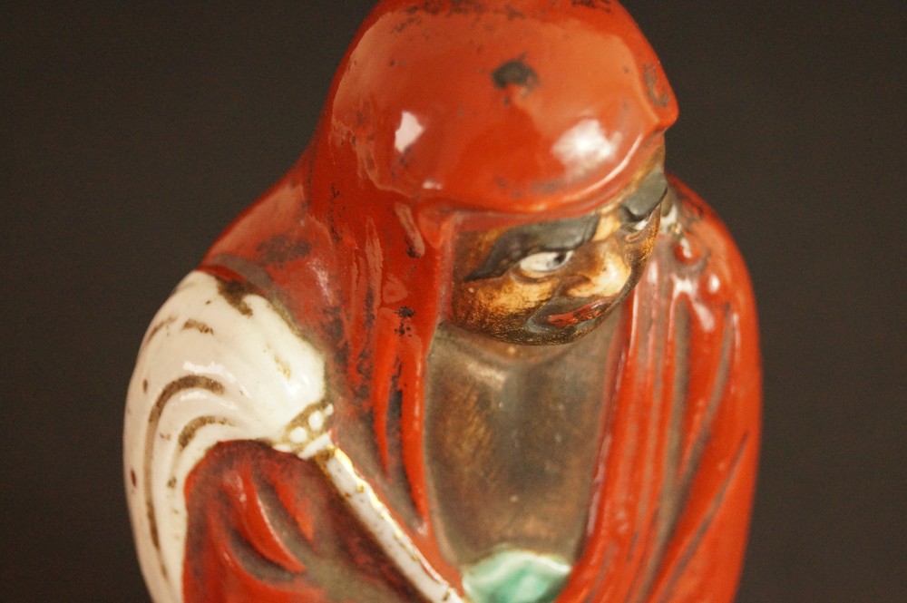 Bodhidharma Daruma Figure Made of Red Kutani Porcelain Close-Up of Face and Hood from Above Motif Close-Up 2