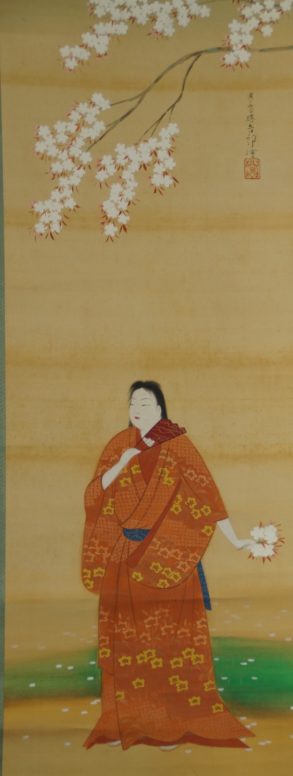 Full motif of the woman beneath the blooming sakura branch without mounting