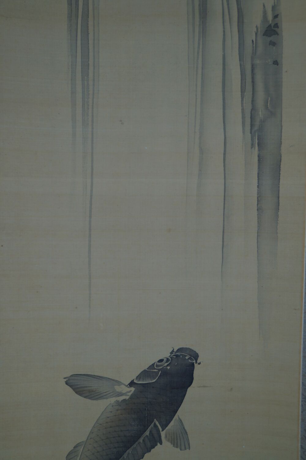 Overall Motif of the Kakemono Koi at the Waterfall with Koi Swimming Upward Beneath the Waterfall, Without Mounting