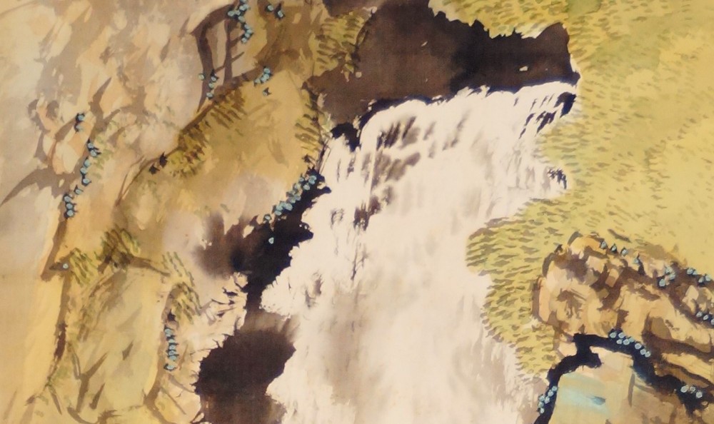Kakemono by Yamamoto Shunkyo: roaring waterfall between rocks, in color on silk.