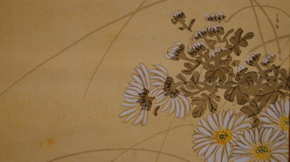 Sparrows over chrysanthemums hanging scroll by Fukui Kotei chrysanthemum motif close-up 4