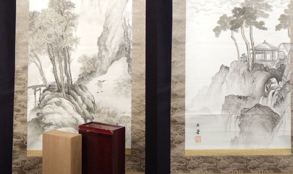 Kakemono by Kawai Gyokudō: ink landscape with mountains and water on silk.