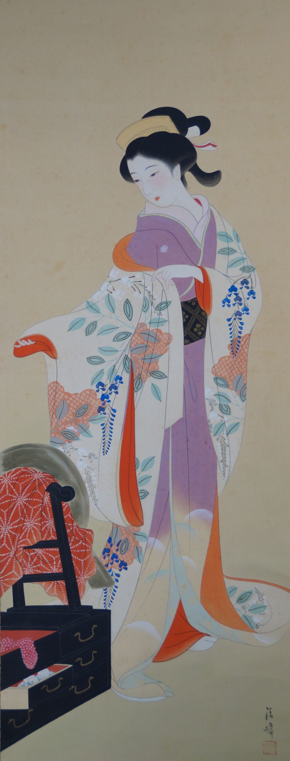 Full Motif of the Hanging Scroll Young Woman before Her Kimono Cabinet with Artist's Signature, without Mounting