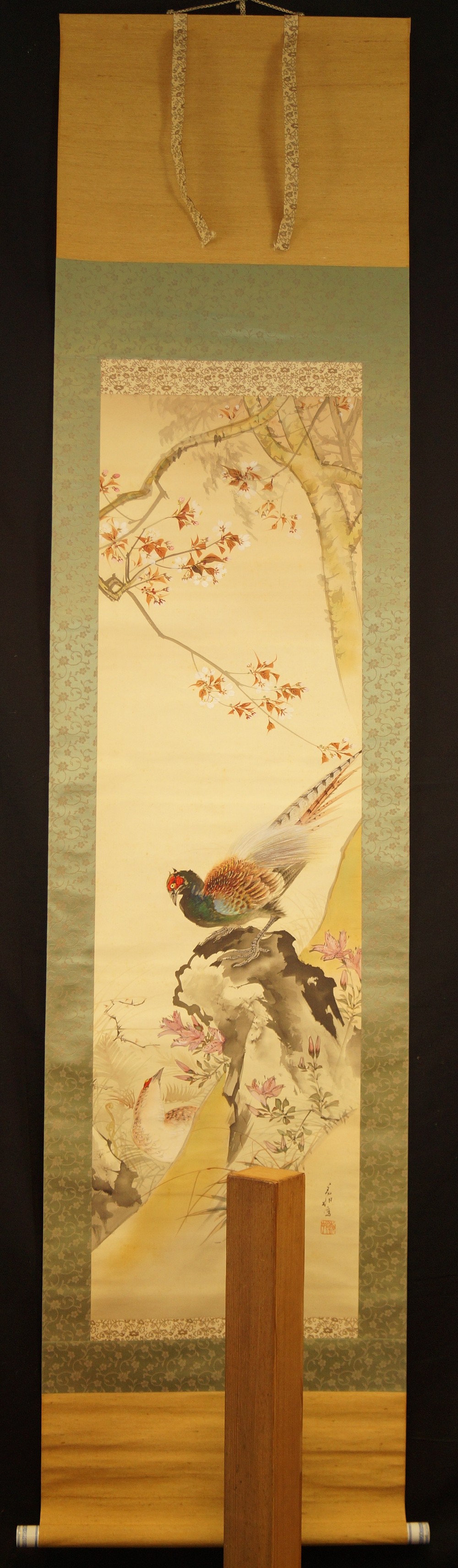 Pheasants at the Cherry Tree by Mano Kamura Full View Hanging Scroll